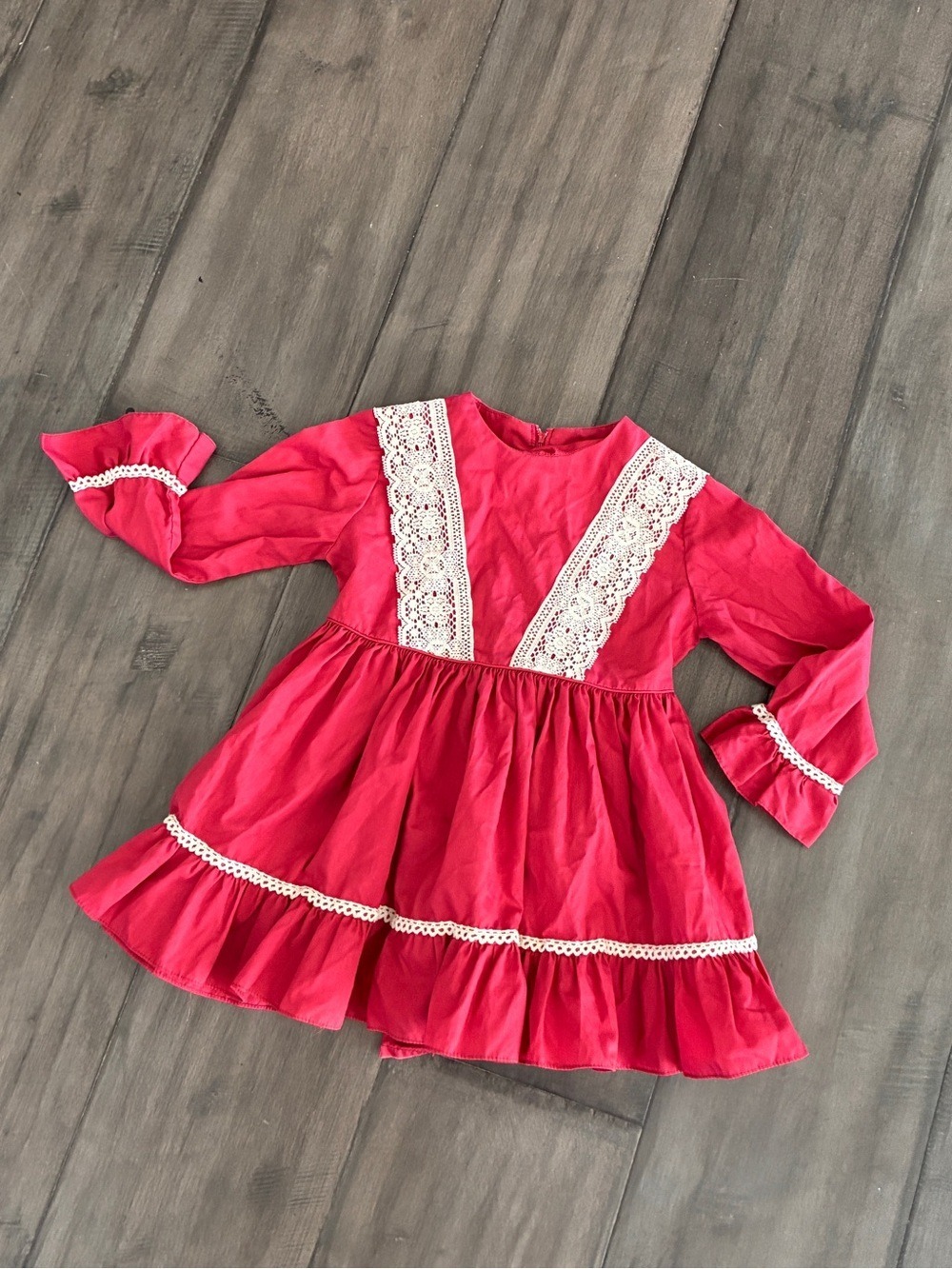 Vintage 1970’s Char-Lena Red Peasant Ruffle and Lace Dress - Size 2T
